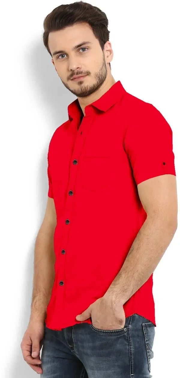 Red_Cotton_Blend_Slim_Fit_Short_Sleeve_Solid_Hip_Length_Shirt_For_Men