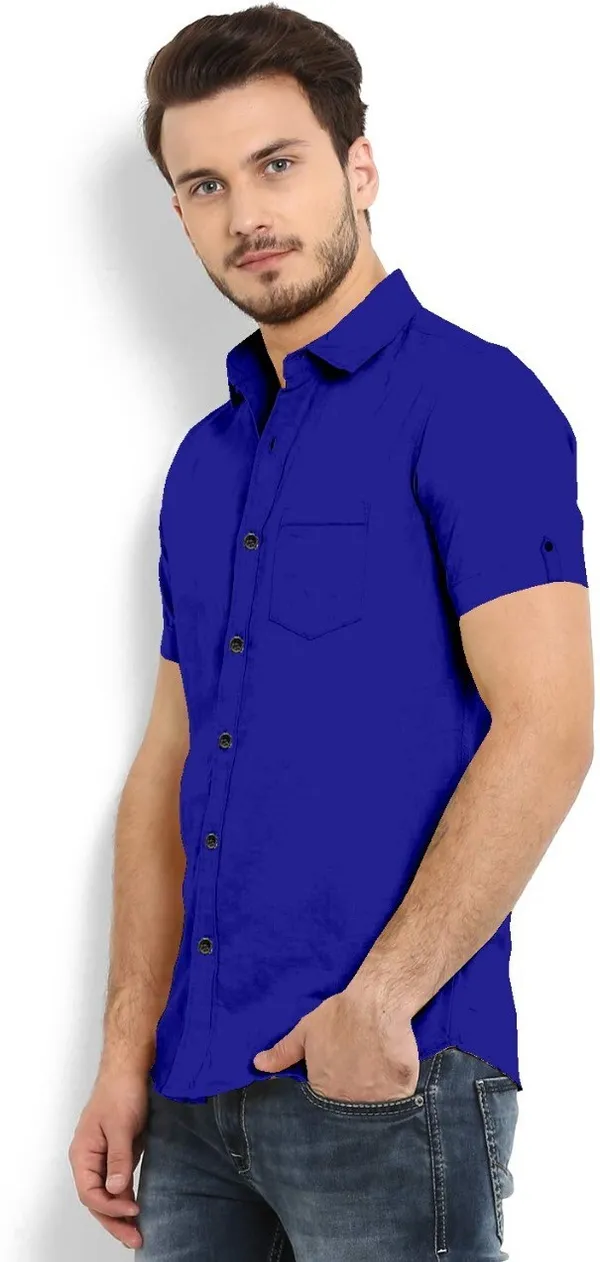 Royal_Blue_Cotton_Blend_Slim_Fit_Short_Sleeve_Solid_Hip_Length_Shirt_For_Men