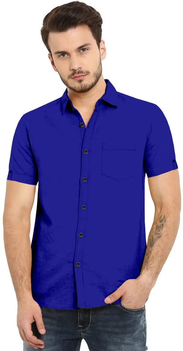 Royal_Blue_Cotton_Blend_Slim_Fit_Short_Sleeve_Solid_Hip_Length_Shirt_For_Men