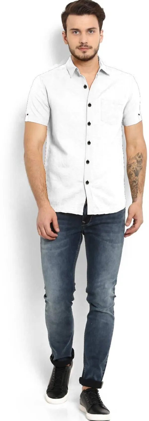 White_Cotton_Blend_Slim_Fit_Short_Sleeve_Solid_Hip_Length_Shirt_For_Men