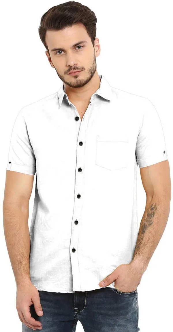 White_Cotton_Blend_Slim_Fit_Short_Sleeve_Solid_Hip_Length_Shirt_For_Men