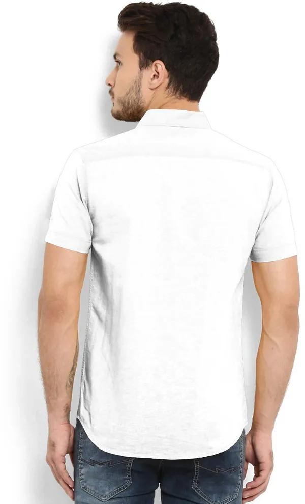 White_Cotton_Blend_Slim_Fit_Short_Sleeve_Solid_Hip_Length_Shirt_For_Men