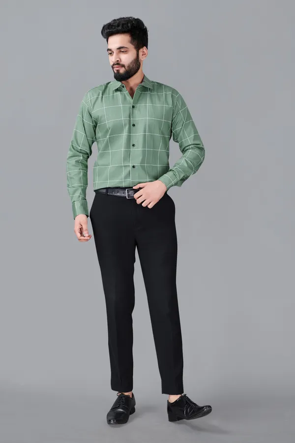 Green_Cotton_Blend_Regular_Fit_Full_Sleeve_Checkered_Long_Shirt_For_Men