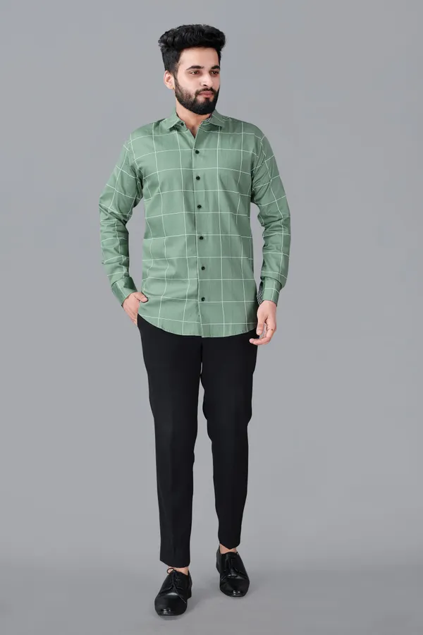 Green_Cotton_Blend_Regular_Fit_Full_Sleeve_Checkered_Long_Shirt_For_Men