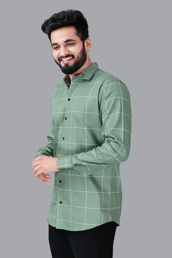 Green_Cotton_Blend_Regular_Fit_Full_Sleeve_Checkered_Long_Shirt_For_Men