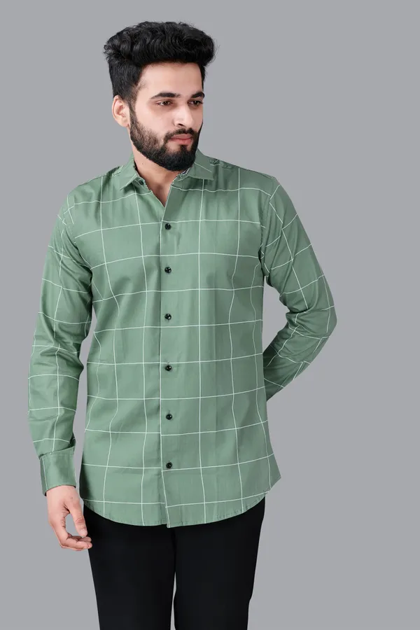 Green_Cotton_Blend_Regular_Fit_Full_Sleeve_Checkered_Long_Shirt_For_Men