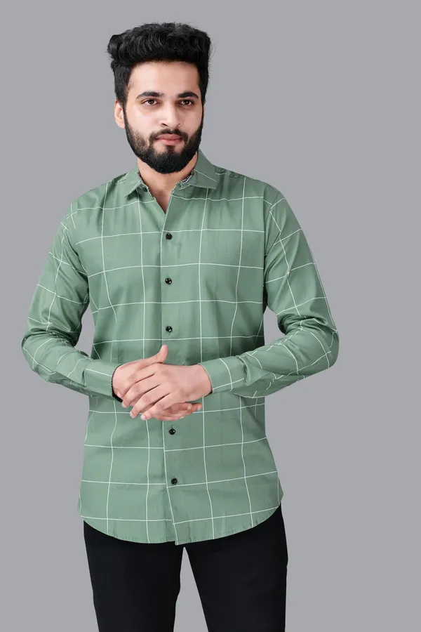 Green_Cotton_Blend_Regular_Fit_Full_Sleeve_Checkered_Long_Shirt_For_Men