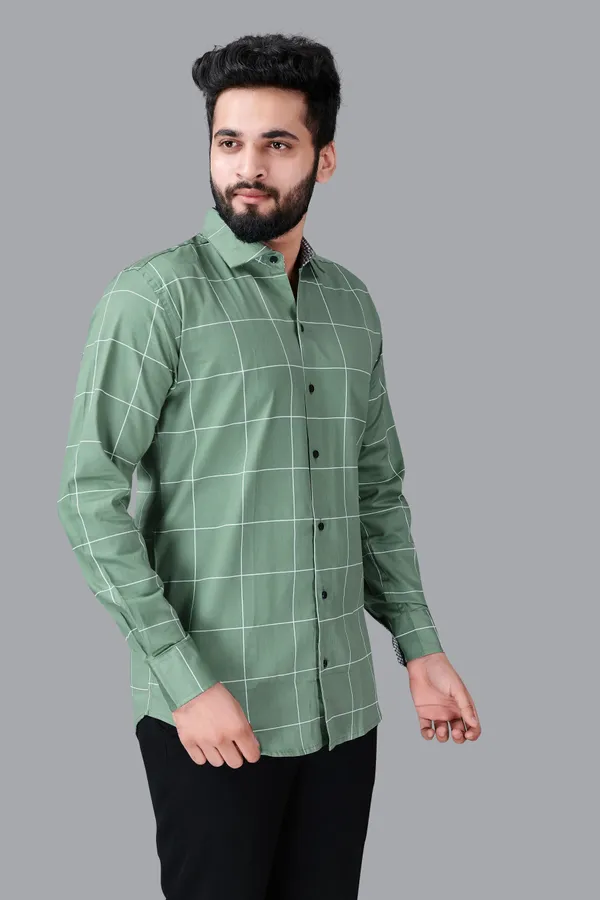 Green_Cotton_Blend_Regular_Fit_Full_Sleeve_Checkered_Long_Shirt_For_Men