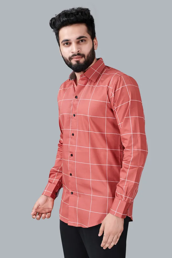 Red_Cotton_Blend_Regular_Fit_Full_Sleeve_Checkered_Long_Shirt_For_Men