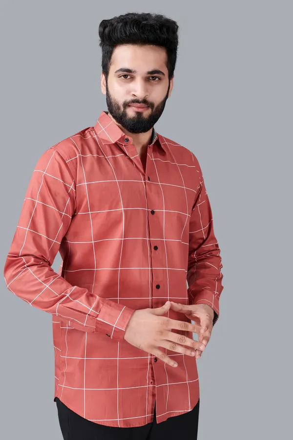 Red_Cotton_Blend_Regular_Fit_Full_Sleeve_Checkered_Long_Shirt_For_Men