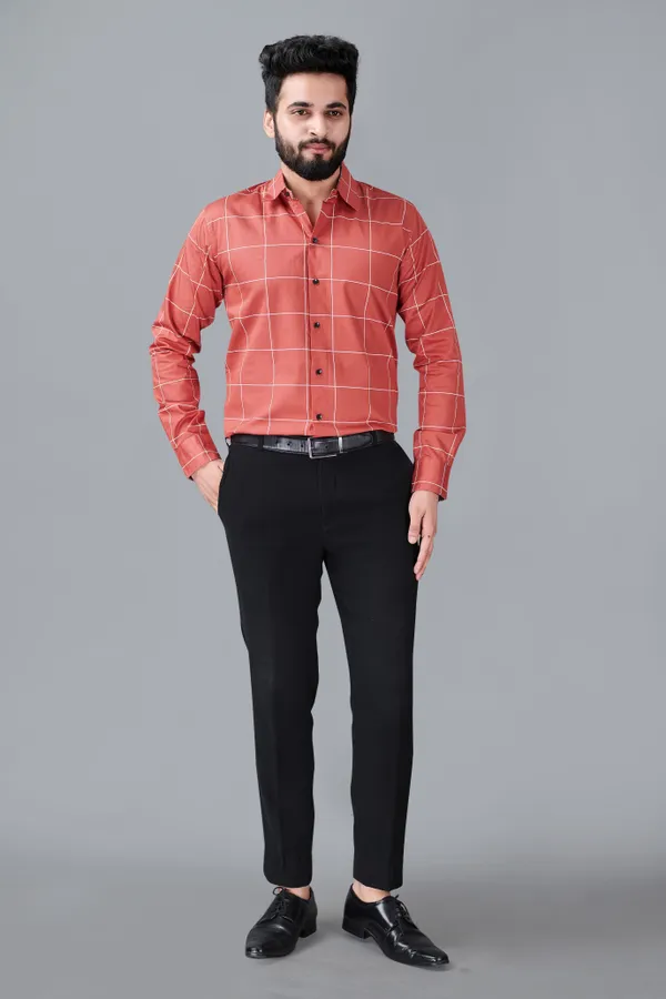 Red_Cotton_Blend_Regular_Fit_Full_Sleeve_Checkered_Long_Shirt_For_Men
