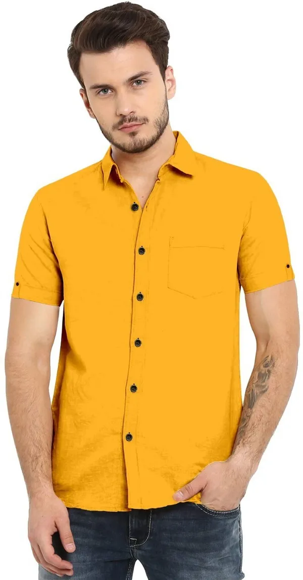 Yellow_Cotton_Blend_Slim_Fit_Short_Sleeve_Solid_Hip_Length_Shirt_For_Men