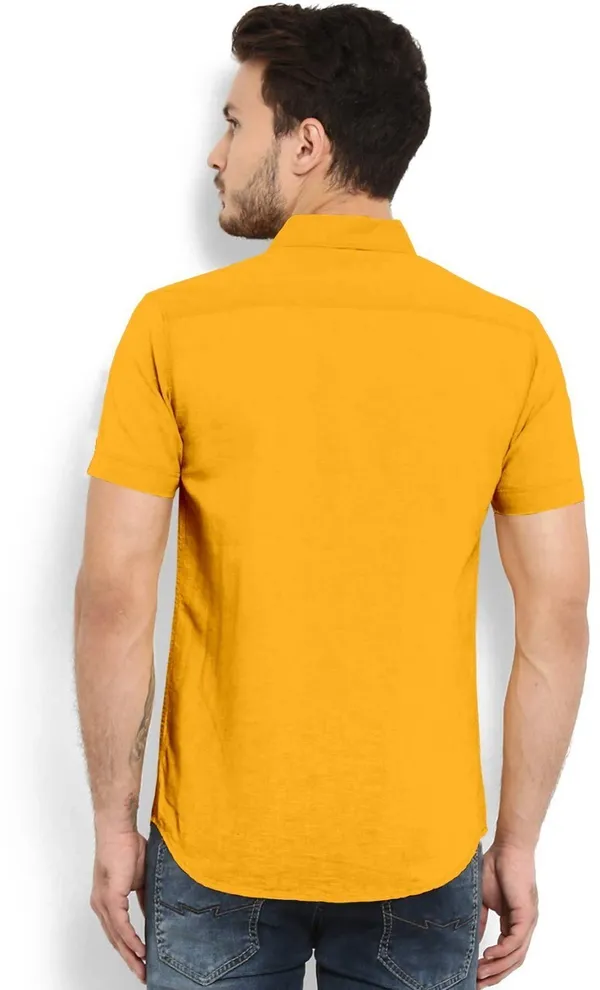 Yellow_Cotton_Blend_Slim_Fit_Short_Sleeve_Solid_Hip_Length_Shirt_For_Men