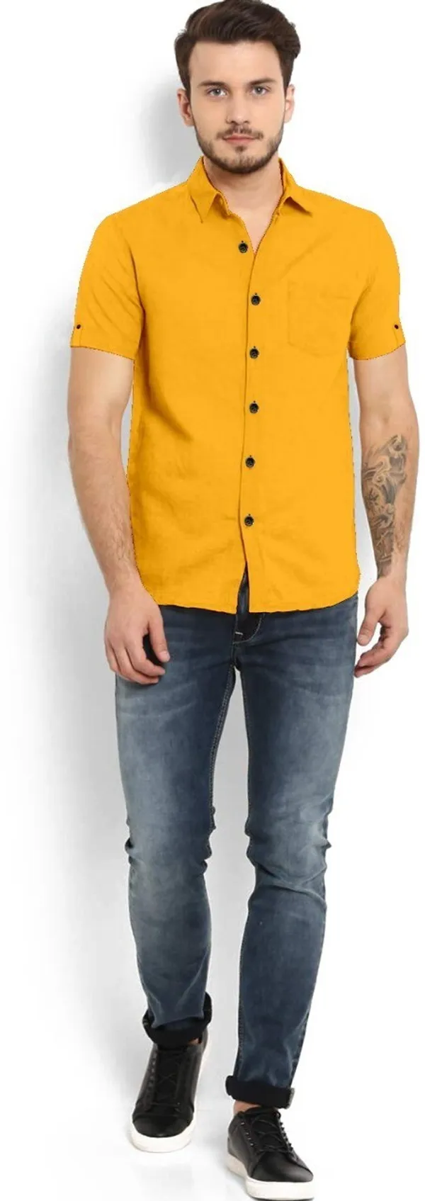 Yellow_Cotton_Blend_Slim_Fit_Short_Sleeve_Solid_Hip_Length_Shirt_For_Men