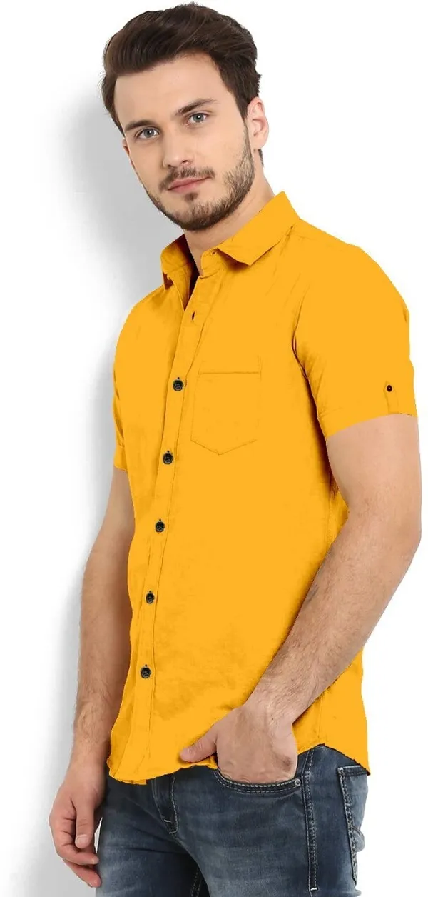 Yellow_Cotton_Blend_Slim_Fit_Short_Sleeve_Solid_Hip_Length_Shirt_For_Men