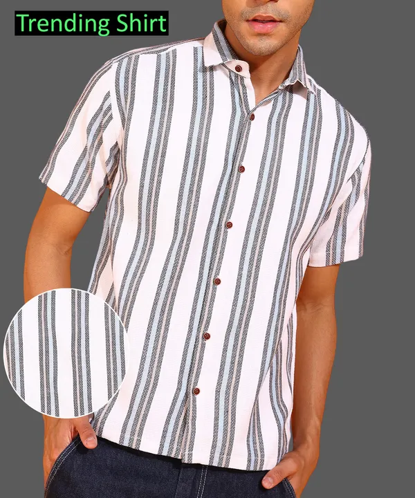White_Cotton_Blend_Regular_Fit_Half_Sleeve_Striped_Hip_Length_Shirt_For_Men