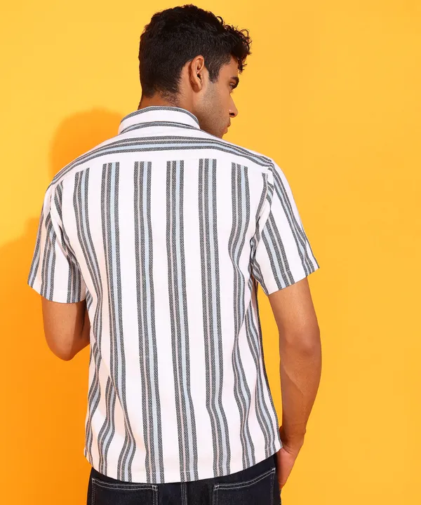 White_Cotton_Blend_Regular_Fit_Half_Sleeve_Striped_Hip_Length_Shirt_For_Men