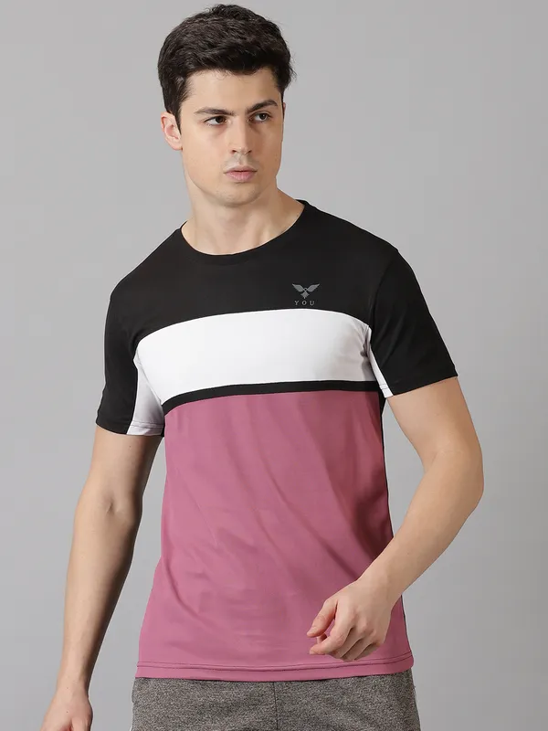 Black_&_Pink_Polyester_Colorblock_Round_Neck_Slim_Fit_Short_Sleeve_T-Shirt_For_Men