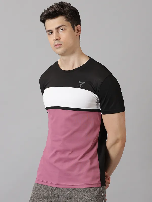 Black_&_Pink_Polyester_Colorblock_Round_Neck_Slim_Fit_Short_Sleeve_T-Shirt_For_Men