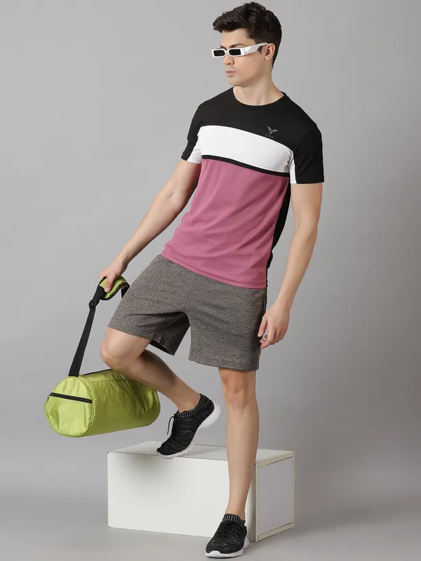 Black_&_Pink_Polyester_Colorblock_Round_Neck_Slim_Fit_Short_Sleeve_T-Shirt_For_Men