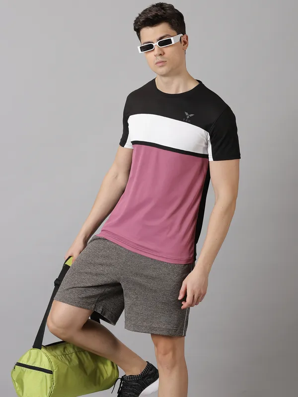 Black_&_Pink_Polyester_Colorblock_Round_Neck_Slim_Fit_Short_Sleeve_T-Shirt_For_Men