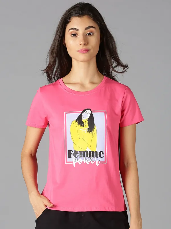 Pink_Pure_Cotton_Graphic_Print_Round_Neck_Slim_Fit_Short_Sleeve_T-Shirt_For_Women