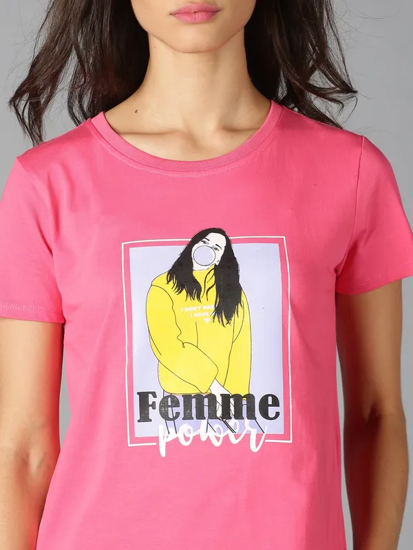 Pink_Pure_Cotton_Graphic_Print_Round_Neck_Slim_Fit_Short_Sleeve_T-Shirt_For_Women