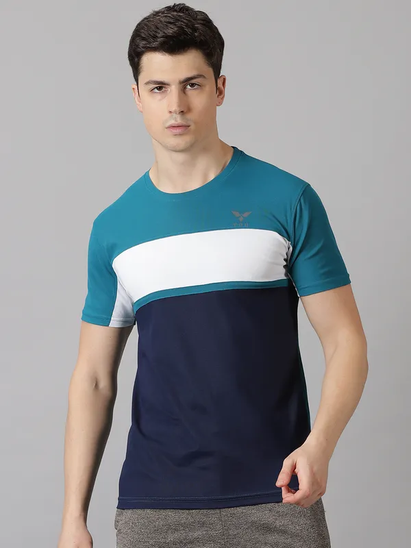 Green_&_Navy_Blue_Polyester_Colorblock_Round_Neck_Slim_Fit_Short_Sleeve_T-Shirt_For_Men