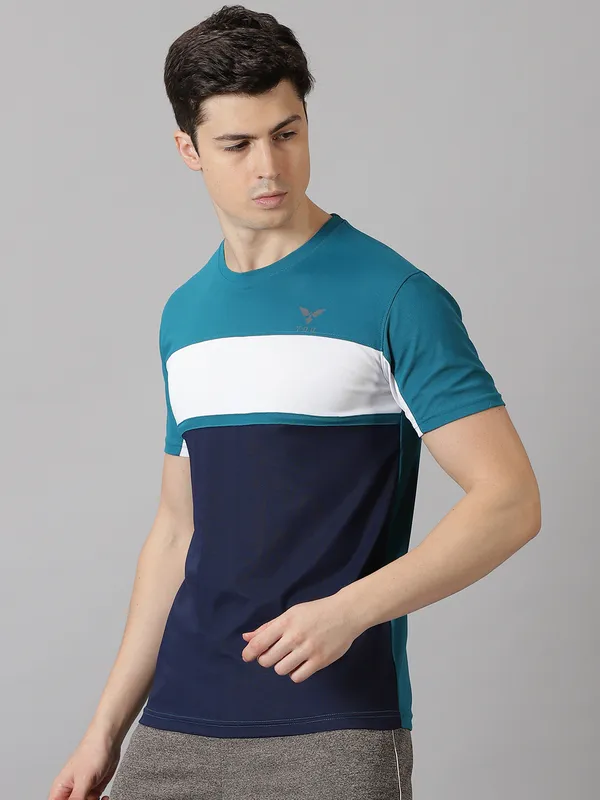Green_&_Navy_Blue_Polyester_Colorblock_Round_Neck_Slim_Fit_Short_Sleeve_T-Shirt_For_Men