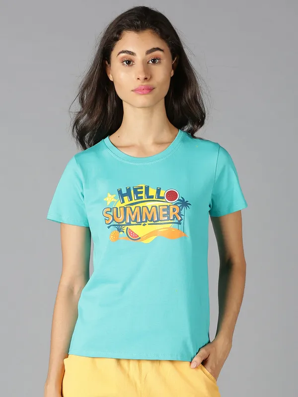Green_Pure_Cotton_Graphic_Print_Round_Neck_Slim_Fit_Short_Sleeve_T-Shirt_For_Women