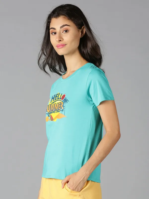 Green_Pure_Cotton_Graphic_Print_Round_Neck_Slim_Fit_Short_Sleeve_T-Shirt_For_Women