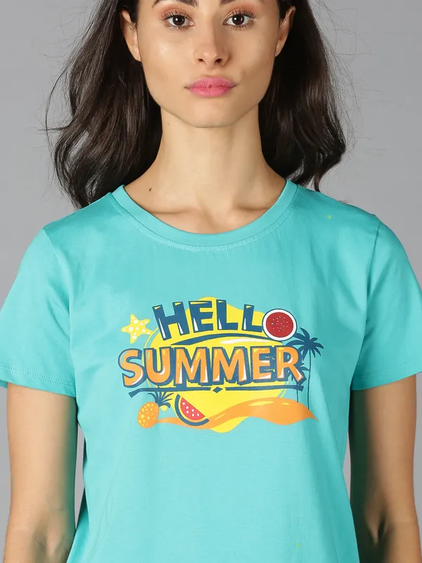 Green_Pure_Cotton_Graphic_Print_Round_Neck_Slim_Fit_Short_Sleeve_T-Shirt_For_Women