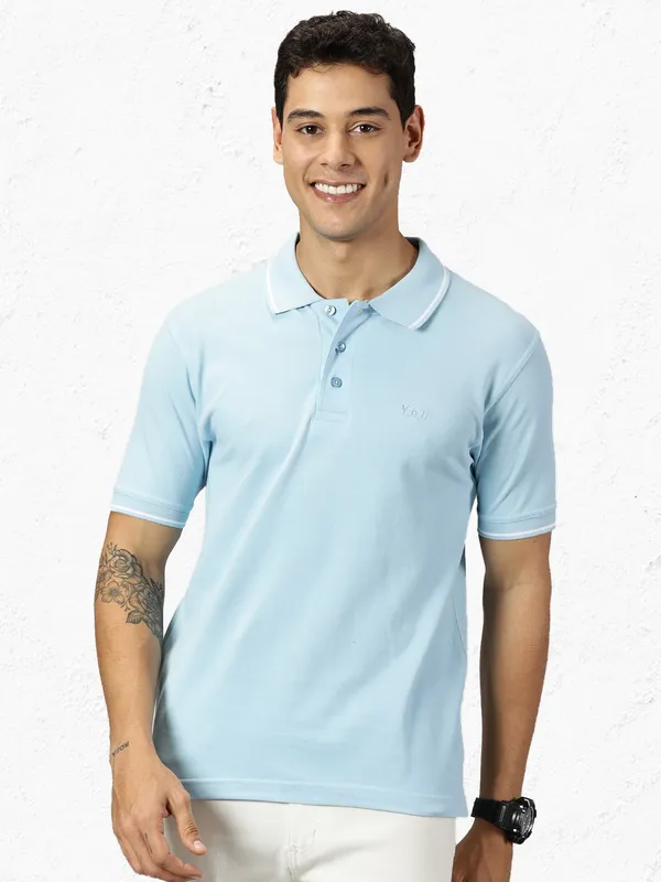 Light_Blue_Pure_Cotton_Solid_Polo_Neck_Loose_Fit_Half_Sleeve_T-Shirt_For_Men