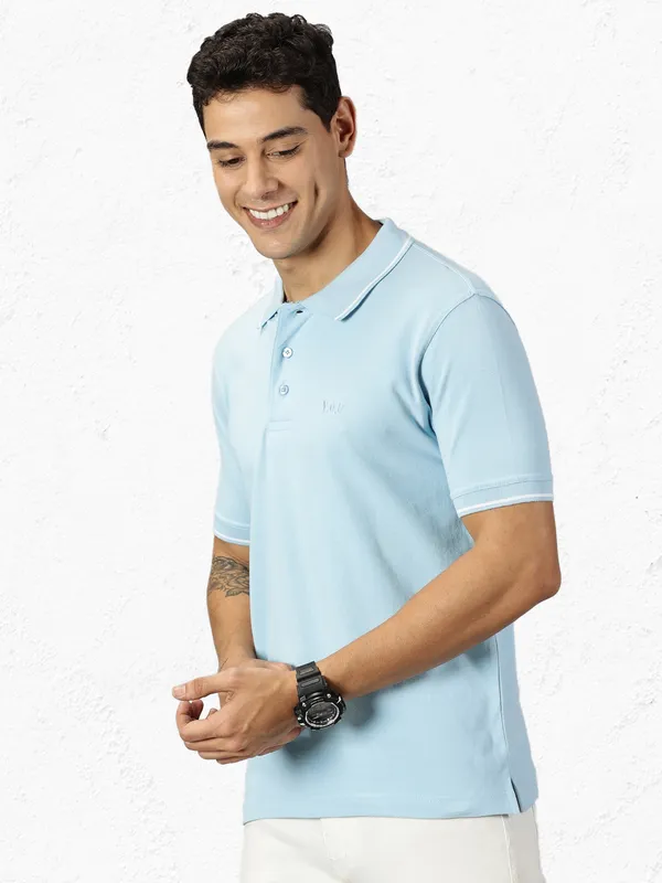 Light_Blue_Pure_Cotton_Solid_Polo_Neck_Loose_Fit_Half_Sleeve_T-Shirt_For_Men