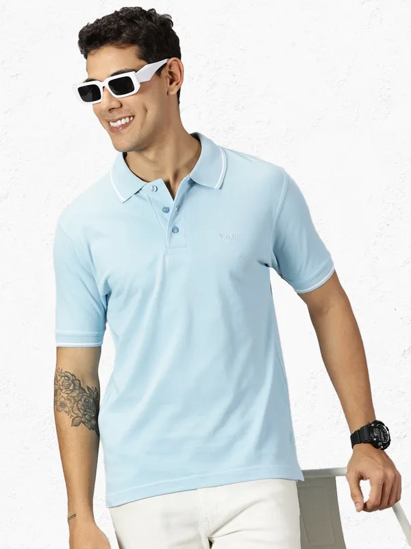 Light_Blue_Pure_Cotton_Solid_Polo_Neck_Loose_Fit_Half_Sleeve_T-Shirt_For_Men