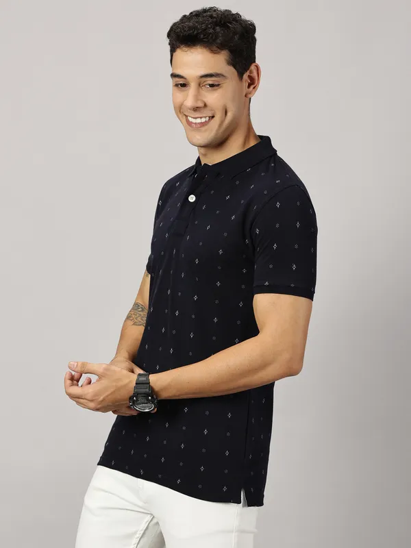 Navy_Blue_Pure_Cotton_Printed_Polo_Neck_Slim_Fit_Short_Sleeve_T-Shirt_For_Men