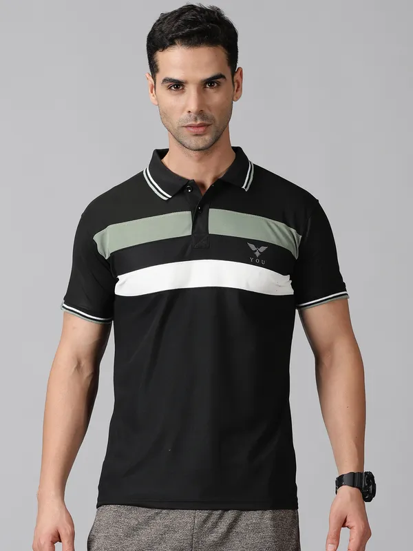 Black_Polyester_Striped_Polo_Neck_Slim_Fit_Short_Sleeve_T-Shirt_For_Men