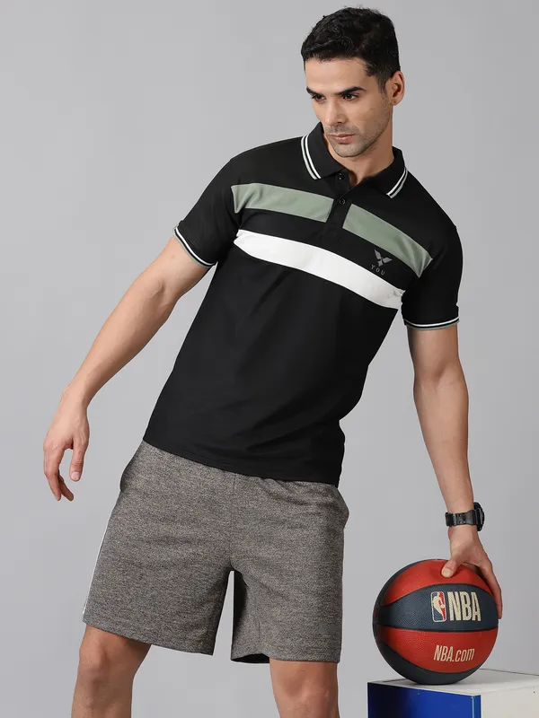 Black_Polyester_Striped_Polo_Neck_Slim_Fit_Short_Sleeve_T-Shirt_For_Men