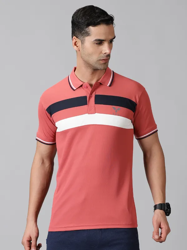 Pink_Polyester_Striped_Polo_Neck_Slim_Fit_Short_Sleeve_T-Shirt_For_Men
