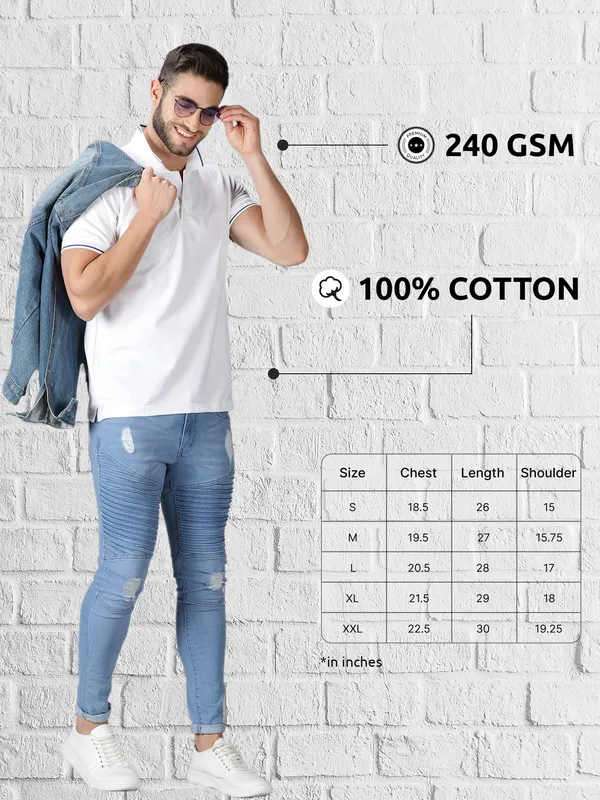 White_Pure_Cotton_Solid_Polo_Neck_Loose_Fit_Half_Sleeve_T-Shirt_For_Men