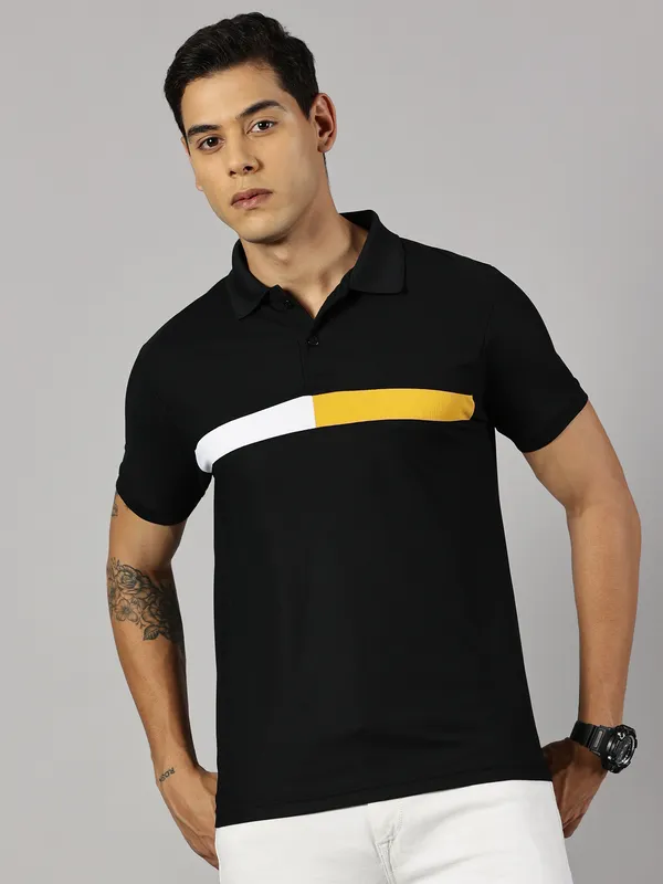 Black_Polyester_Striped_Polo_Neck_Slim_Fit_Short_Sleeve_T-Shirt_For_Men