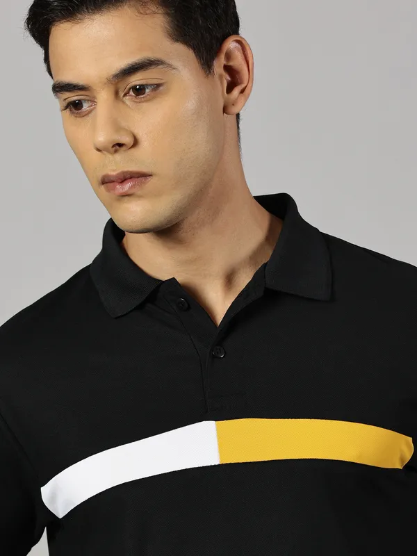 Black_Polyester_Striped_Polo_Neck_Slim_Fit_Short_Sleeve_T-Shirt_For_Men