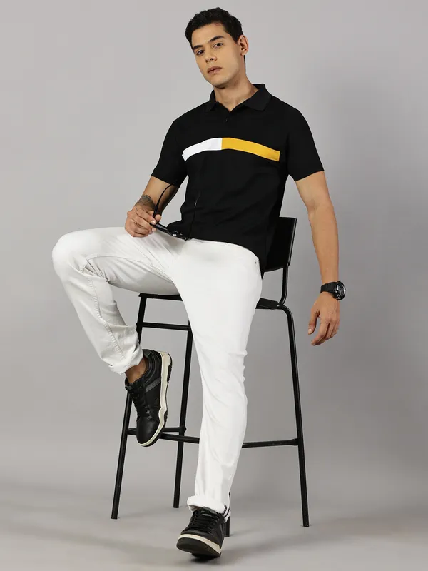 Black_Polyester_Striped_Polo_Neck_Slim_Fit_Short_Sleeve_T-Shirt_For_Men