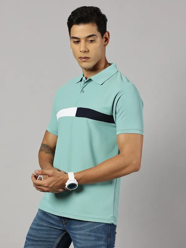 Green_Polyester_Striped_Polo_Neck_Slim_Fit_Short_Sleeve_T-Shirt_For_Men