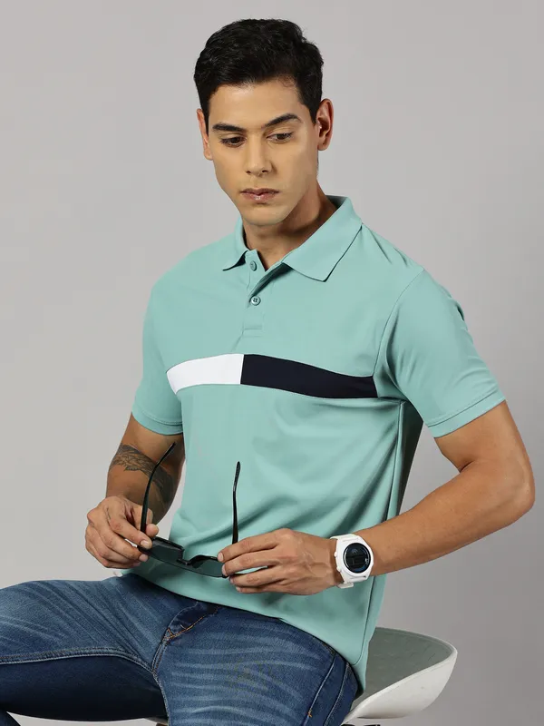 Green_Polyester_Striped_Polo_Neck_Slim_Fit_Short_Sleeve_T-Shirt_For_Men