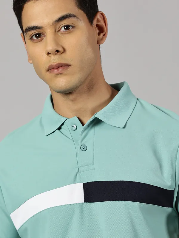 Green_Polyester_Striped_Polo_Neck_Slim_Fit_Short_Sleeve_T-Shirt_For_Men