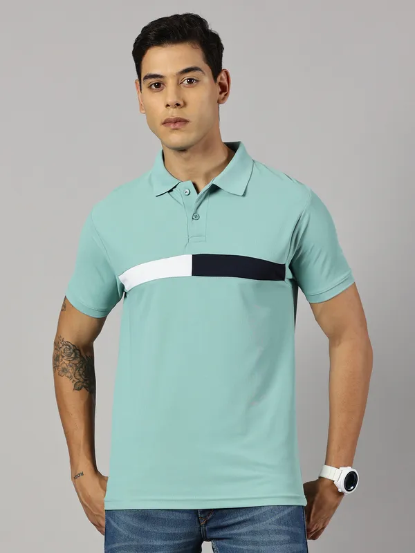Green_Polyester_Striped_Polo_Neck_Slim_Fit_Short_Sleeve_T-Shirt_For_Men