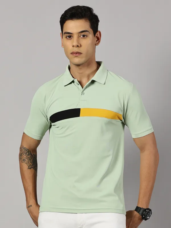 Light_Green_Polyester_Striped_Polo_Neck_Slim_Fit_Short_Sleeve_T-Shirt_For_Men