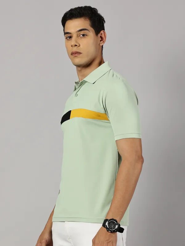 Light_Green_Polyester_Striped_Polo_Neck_Slim_Fit_Short_Sleeve_T-Shirt_For_Men