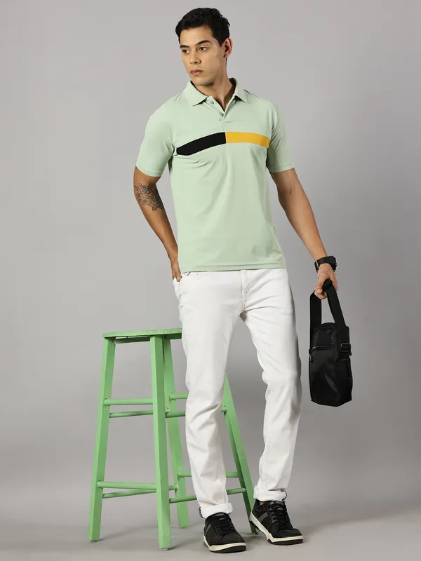 Light_Green_Polyester_Striped_Polo_Neck_Slim_Fit_Short_Sleeve_T-Shirt_For_Men